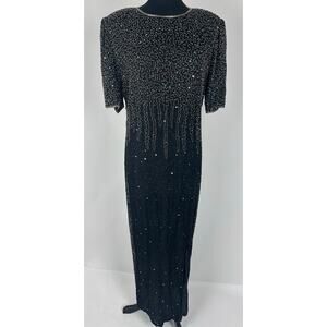 Vintage Laurence Kazar Black Silk Column Dress Beaded Sequins 1X MINOR FLAW